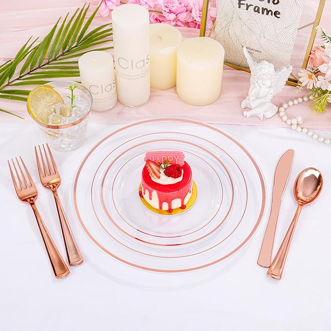 bUCLA 300PCS Rose Gold Plastic Dinnerware - Clear Dinnerware Set Disposable Include 50 Dinner Plates,50 Dessert Plates,50 Knives,50 Forks,50 Spoons,50 Cups for Party, Wedding & Mother's Day