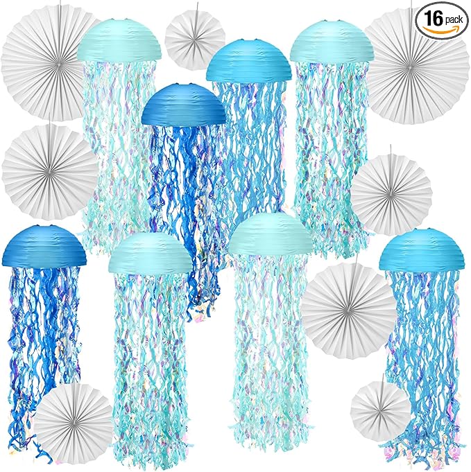 Teyva Daily 16 Pcs Hanging Jellyfish Decorations Jellyfish Paper Lanterns Folding Paper Fan Birthday Party Decor Colorful Beautiful Floating Sky Lanterns for Under The Sea Ocean Mermaid Party
