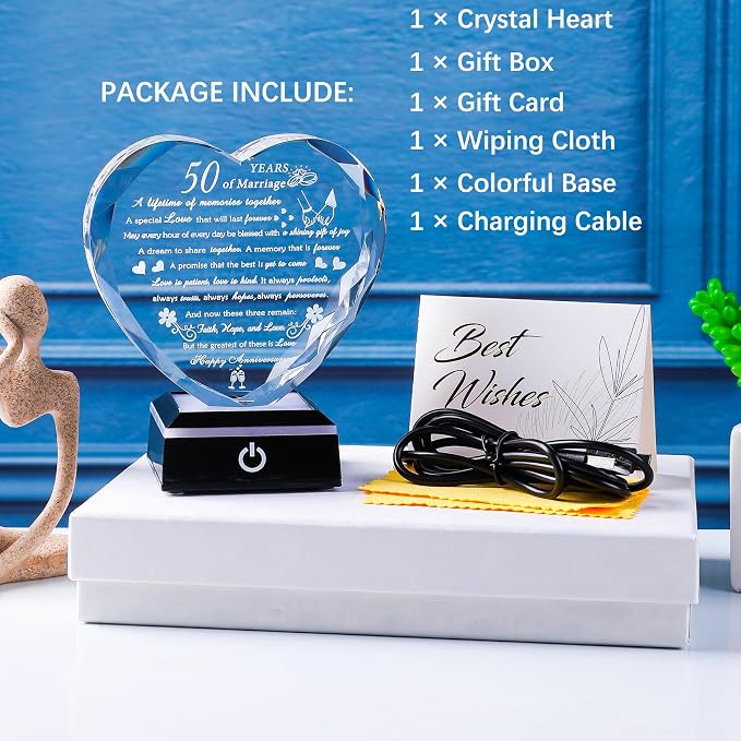 50th Wedding Anniversary Crystal Gifts for Couples Parents with Colorful LED Base Heart Romantic Happy 50th Anniversary Plaque Gift for Husband Wife 50 Years of Marriage Gifts for Her Him