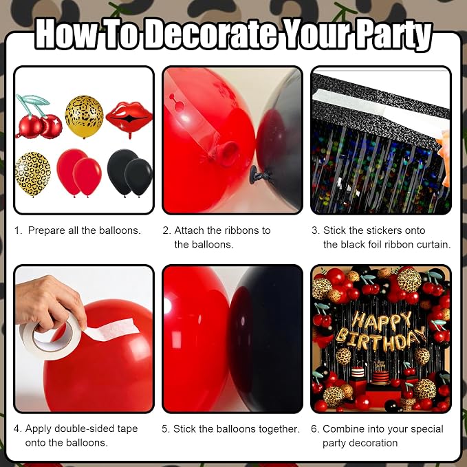 Cheetah Leopard Print Birthday Decorations Kit, Red Black Gold Cheetah and Cherry Balloon Arch Kit with Red Black Ribbon Background Decor for Party Decorations Women Graduation Birthday