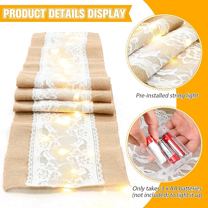 Xinnun 6 Pack Burlap Table Runner with Warm LED Lights,Rustic Lace Wedding Table Decor,Boho Farmhouse Jute Runner for Reception Bridal Shower Party(Funny,12x70 Inches)