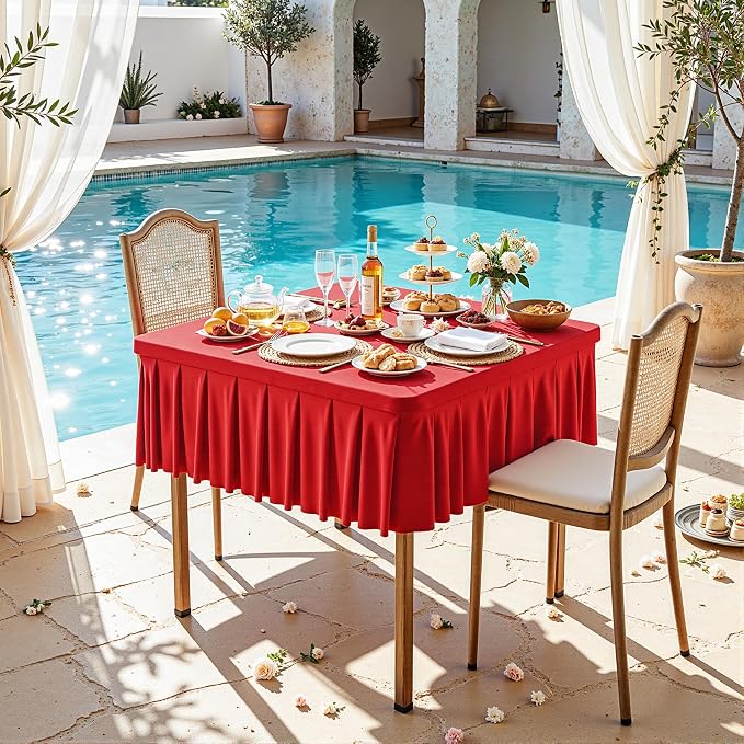 Wish Care Red Spandex Tablecloths for 34x34 Inch Square Tables, Stretch Fitted Table Clothes with Pleated Ruffle Skirt for 34” Table, Wrinkle Free and Elastic, for Party Kitchen Home Dining
