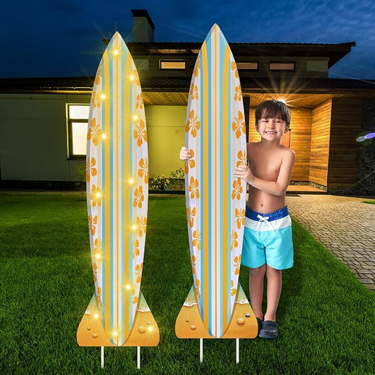 Lineshading 2 Pcs LED Surf Board Yard Signs with Stakes - Tropical Summer Lawn Sign Light up Hawaiian Outdoor Decor - Plastic Surfboard Sign with Stakes for Beach Pool Party Decor