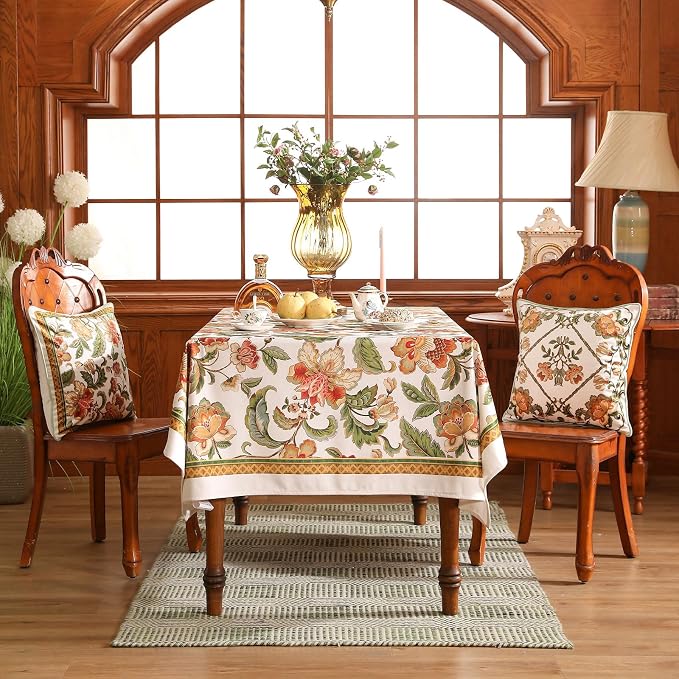 patdrea Vintage French Linen Tablecloth,Rectangular,87"x63"-Santiago A | Elegant Print Table Cloth for Rectangle Table,Colorful Floral Patterned,for Dining Room Tea Party Vender Banquet