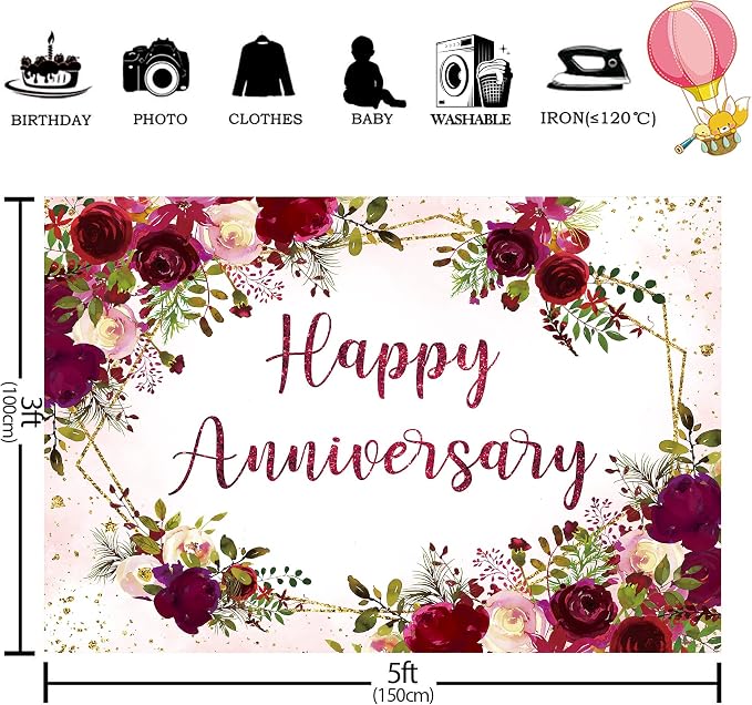 Happy Anniversary Backdrop 5Wx3H Feet Polyester Fabric Elegant Burgundy Flower Rose Floral Plant Botanical Decoration Green Leaves Gold Glitter Photography Background Photo Shoot Props