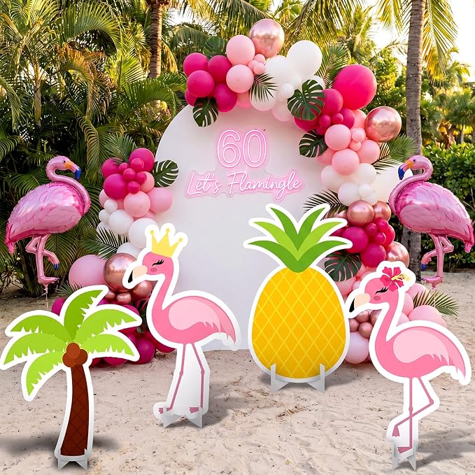 Honoson 4 Pcs 21.8" x 29.7" Large Tropical Flamingo Cardboard Cutouts, Pink Flamingo Birthday Decoration Yard Signs Standee for Hawaiian Summer Beach Luau Party Supplies Bachelorette Pineapple