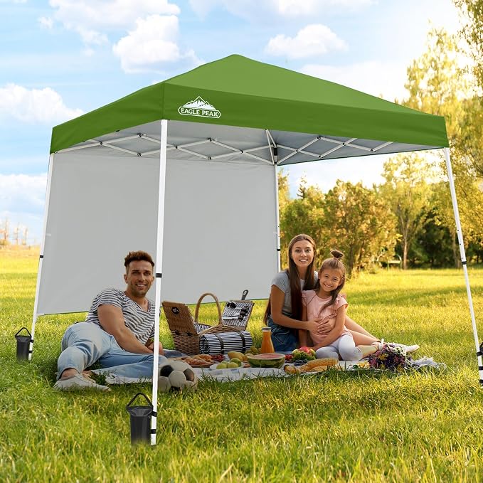 EAGLE PEAK 10x10 Pop Up Canopy Tent with Sidewall, Compact, Portable Slant Leg Instant Sun Shelter for Beach, Sports, & Camping, 10x10 Base 8x8 Top, Green
