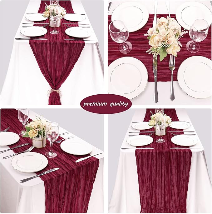12 Pack 13Ft Cheesecloth Table Runner 35x157 Inch Boho Gauze Rustic Long Table Runner for Wedding Bridal Shower Birthday Party Table Decor (Burgundy)