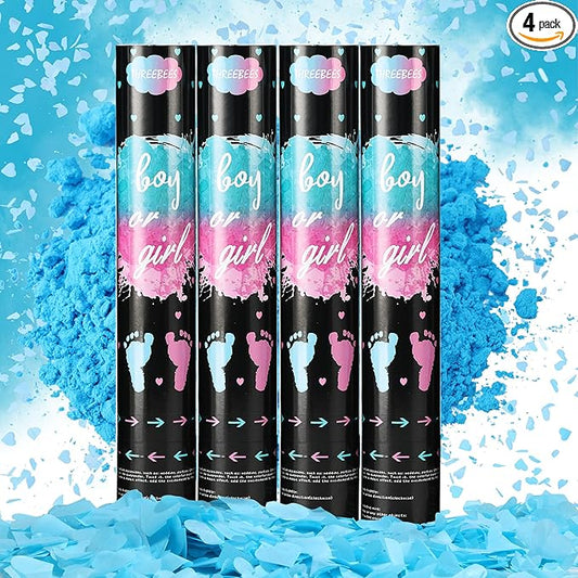 Gender Reveal Confetti Cannon, 4 Pack Biodegradable Blue Confetti Paper with Cornstarch Powder, Confetti Blaster for Boy Gender Reveal, Party Poppers, Blue