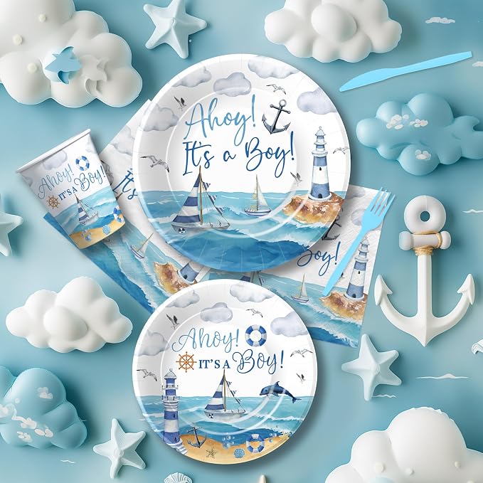 Ahoy Its A Boy Baby Shower Decorations Tableware - Nautical Baby Boy Decorations, Plate, Cup, Napkin, Disposable Cutlery, Anchor Nautical Party Supplies For Sailor Boat Baby Shower | 24 Guest