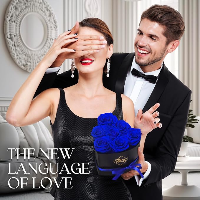 GLAMOUR BOUTIQUE 7 Flower Forever Heart Shape Box, Mothers Day Gift For Mom, Eternal Preserved Roses Gift for Her, Flowers bouquet, For Birthday, Anniversary, Girlfriend - Blue (Color-Treated)