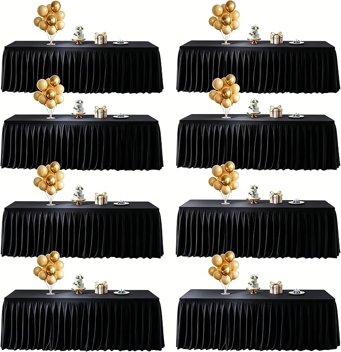 Wish Care 8 Pack Satin Table Cover Skirts for 6ft Rectangular Tables, Black Shimmer Silk Tablecloth with Floor Length Ruffle for Wedding Banquet Party Buffet Decoration