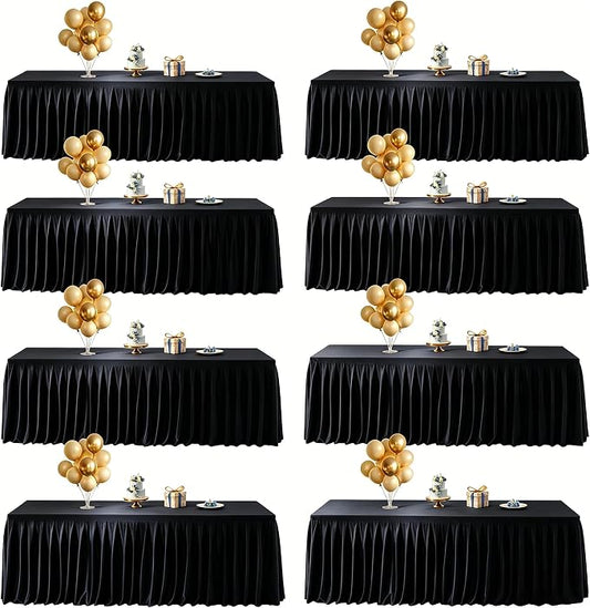 Wish Care 8 Pack Satin Table Cover Skirts for 6ft Rectangular Tables, Black Shimmer Silk Tablecloth with Floor Length Ruffle for Wedding Banquet Party Buffet Decoration