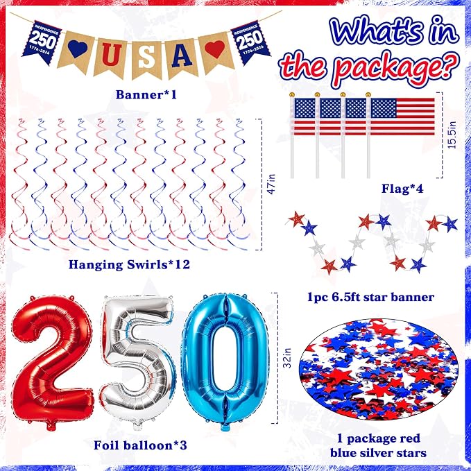 34PCS 4th/Fourth of July USA 250th Anniversary Decorations Set, Red White Blue Patriotic Decorations, Love USA Banner American Flag Pom Poms Decor for Memorial Day Independence Day