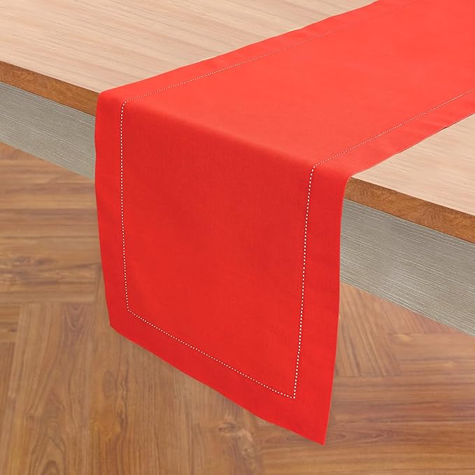 Solino Home Table Runner 108 Inches Long - Cotton Linen Hemstitch Poppy Red Table Runner 14 x 108 Inch for Mothers Day, Memorial Day