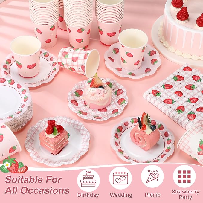 Yungyan 108 Pcs 36 Guests Strawberry Plates and Napkins Berry First Birthday Decorations 6" Gingham Strawberry Dessert Plates 9 oz Cups Tableware Set for Baby Shower Picnic Birthday Party Supplies