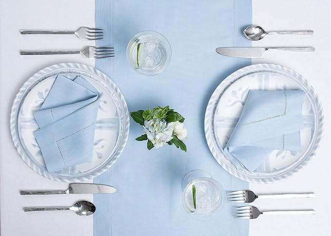 Solino Home Linen Sky Blue Table Runner 60 Inches - Classic Hemstitch, 100% Pure Linen Coffee Table Runner 14 x 60 Inch Ideal for Dresser Tables - Spring, Summer, Mothers Day
