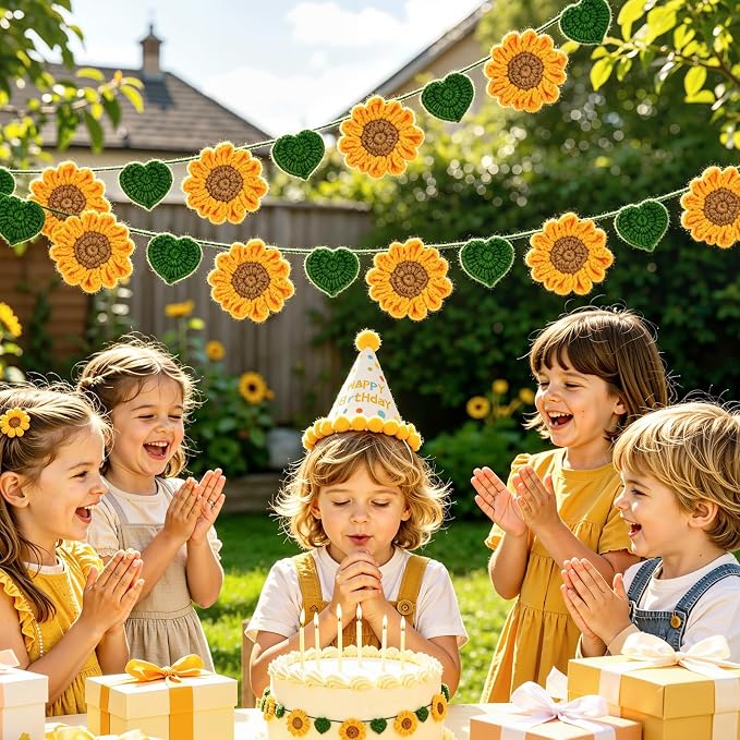 Handmade Crochet Flower Garland, Sunflower Garland for Girl Nursery Decor, Sunflower Garland for Birthday Party, Boho Room Wall Hanging Decoration
