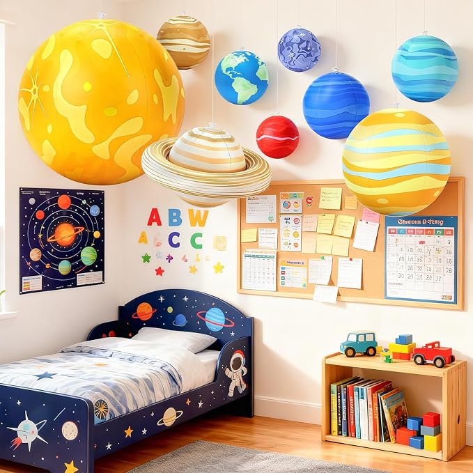 Inflatable Solar System Planets for Kids – 9 Giant Hanging Solar System Model Planets Hanging from Ceiling Classroom Space Theme Party Decorations, Astronomy Gifts for Ages 5-7, 6-8, 8-12