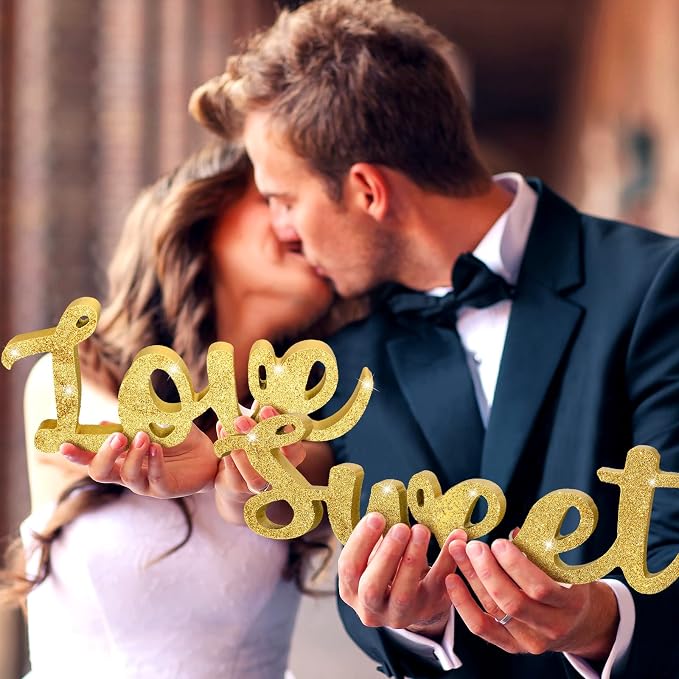 Love Is Sweet Table Decor Hollow Sign Wooden Love Is Sweet Sign for Dessert Table Freestanding Wood Is Wooden Letter Top for Wedding Shelf(Glitter Gold)