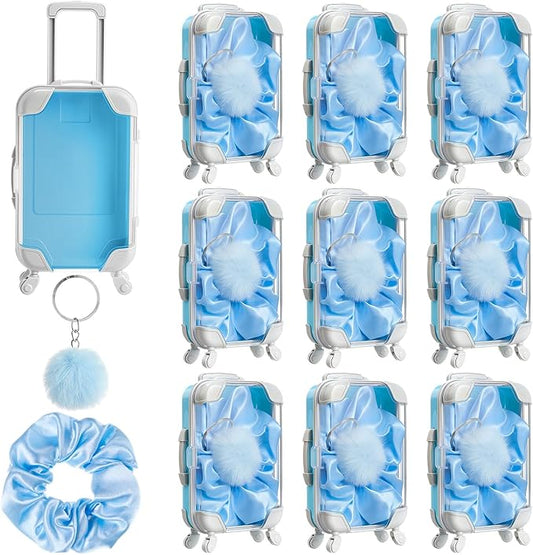 LemonRoad 30 Pcs Mini Suitcase Empty Storage Box and Plush Ball Keychain Candy Luggage Containers Packaging Case for Galentine Bridal Shower Baby Shower Party Favors Travel Gifts (Sky Blue)