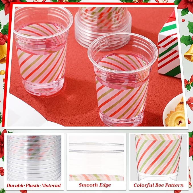 100 Pack Red and Green Striped Plastic Cups 16 oz Disposable Pastel Striped Carnival Party Cups Bulk for Circus Theme Birthday, Spring, Fiesta Party Supplies