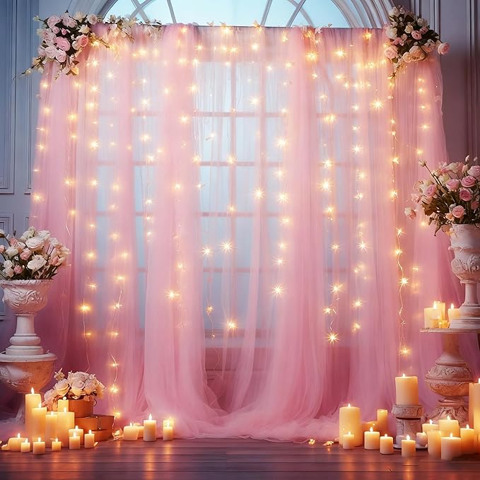 10x8ft Baby Pink Tulle Backdrop Curtain with Lights String for Parites, Sheer Photo Backdrop Curtains with Lights for Wedding Backdrop Ceremony Reception Bridal Shower Baby Shower Birthday Party
