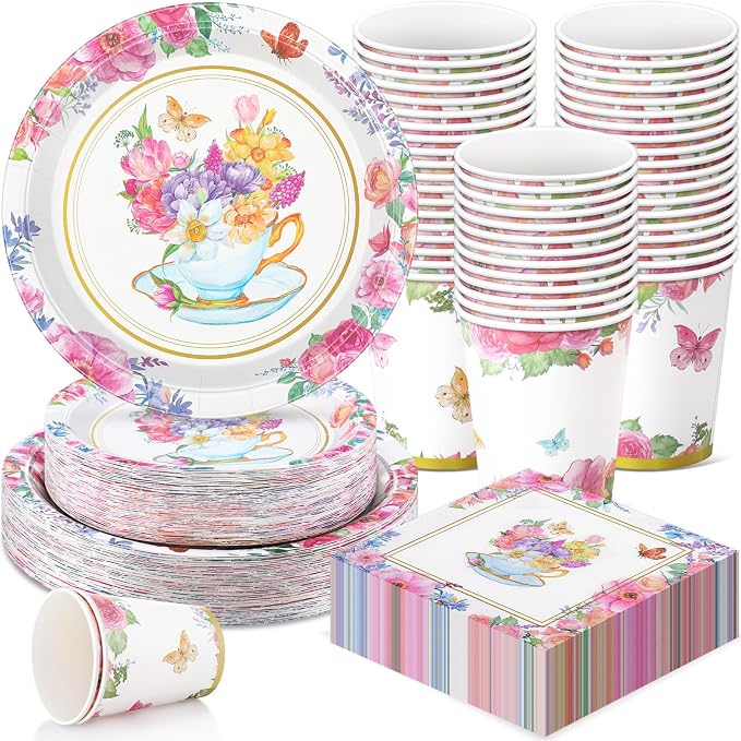 Pickmesh 250 Pcs Tea Party Disposable Tableware Set Paper Plates and Napkins Cups Supplies Tea Party Theme Dinner Dinnerware for Birthday Bridal Baby Shower wedding Decoration Serves 50