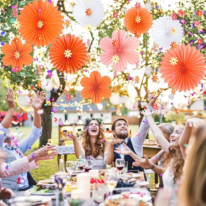 SUNBEAUTY Paper Flowers Decorations for Wall, Spring Pink and Orange Party Decorations, Orange Pink Groovy Paper Fans Classroom for Wall Hanging Decor for Office Baby Shower Bulletin Board, Set of 9