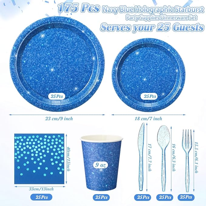 Hushee 175 Pcs 25 Guests Dark Blue Paper Party Plates and Cups Napkins Sets Holographic Glitter Disposable Dinnerware Plastic Forks Knives Spoons Birthday Bachelorette Wedding Party Supplies