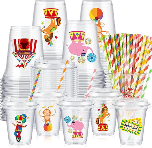 FoldTier 60 Set Circus Carnival Party Plastic Cups Bulk 14 oz Disposable Clear Cups with Lids and Paper Straws for Circus Carnival Theme Party Birthday Supplies Favor Decorations