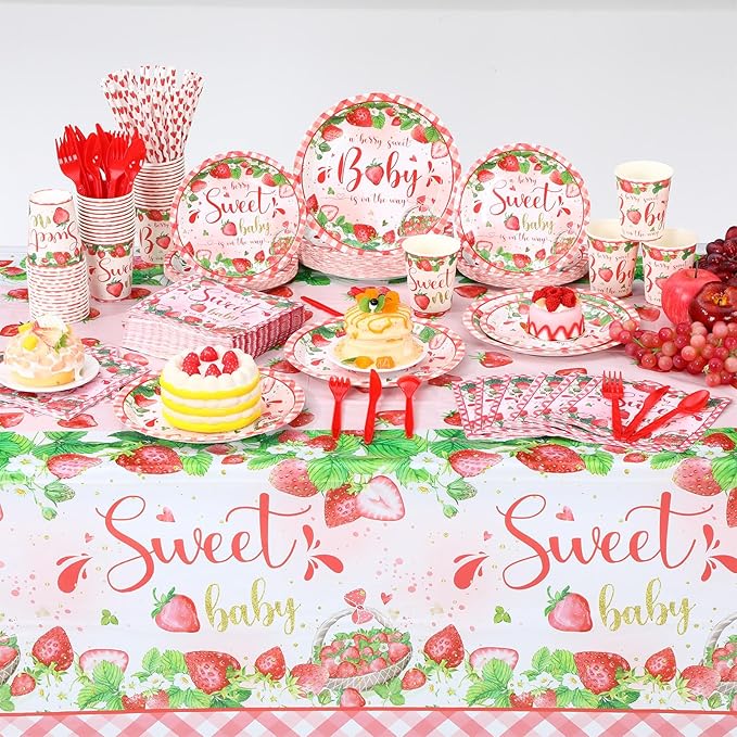 Funnymoom 452 Pcs Strawberry Baby Shower Decorations Party Supplies Strawberry Paper Plates Napkins Cups Tablecloth Cutlery Straws Tableware for a Berry Sweet Baby Is on the Way Decorations