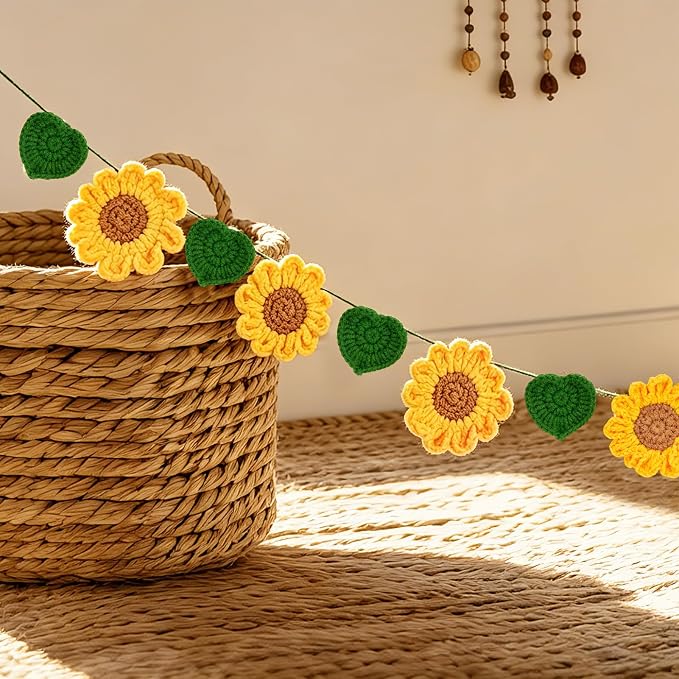 Handmade Crochet Flower Garland, Sunflower Garland for Girl Nursery Decor, Sunflower Garland for Birthday Party, Boho Room Wall Hanging Decoration