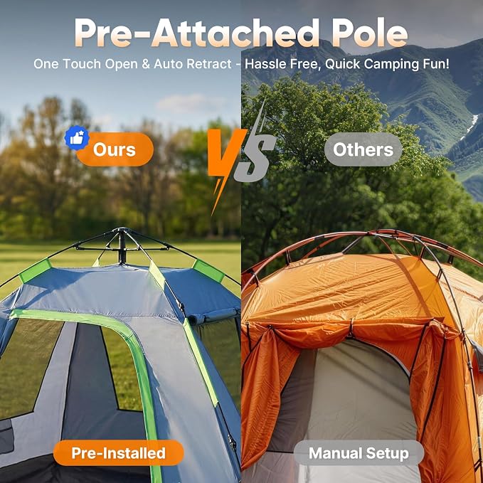 Golabs Pop Up Camping Tent for 2/3/4 Person, 1-Min Setup by Pre-Attached Pole, 4 Side Mesh& Door for View/Airflow, CT2 Instant Canopy Tent with PU1500mm Waterproof, for Outdoor/Camping/Music Festivals