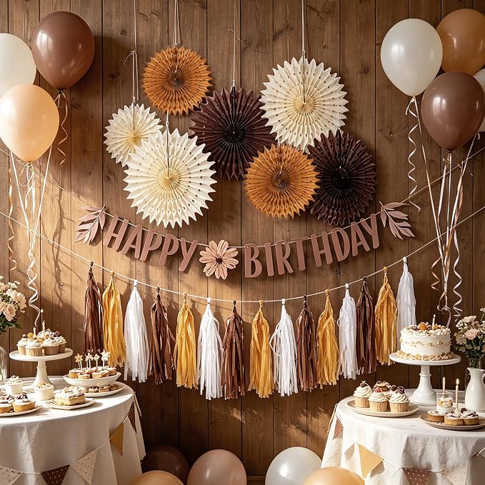 Brown Birthday Party Decorations for Women Neutral Boho Happy Banner Banner Brown Cream Honeycomb Paper Fans Hanging Tassel Garland Rustic Wedding Baby Shower Western Cowboy Party Supplies