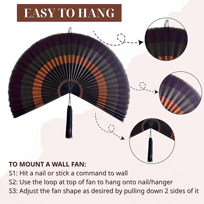ChumDecor Fan Wall Decor, Large Bamboo Fans for Boho Hanging Headboard, Decorative Folding Fans for Over Bed, Asia Trending (Ebony 31inch)