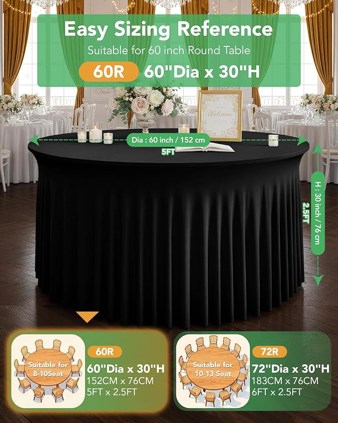 4 Pack Spandex Table Cover Skirts for 60 inch Round Tables, Black Stretch Table Cloths with Floor-Length Ruffle, Elastic Fitted Skirted Tablecloth for Elegant Wedding Banquet Party Buffet Decoration