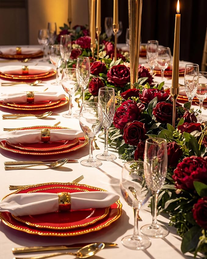 Hioasis 175pcs Red Gold Plastic Plates - Red Plastic Dinnerware Set Includes 25 Dinner Plates, 25 Dessert Dinnerware, 25 Cups, 25 Pre-rolled Napkins Perfect for Wedding & Party & Mother’s Day