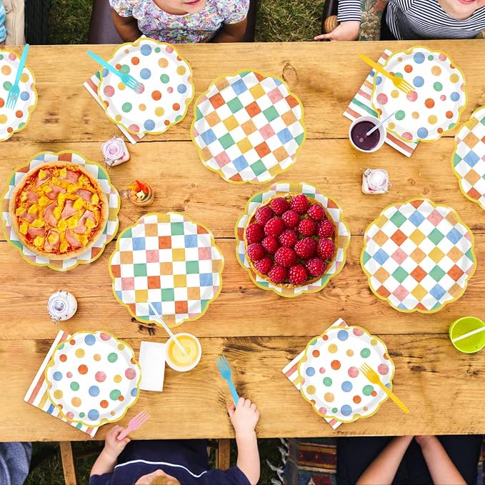 96Pcs Pastel Gingham Decorations Rainbow Gingham Plates and Napkins Colorful Striped Plaid Dots Tableware Set for Boys and Girls Baby Shower Pastel Birthday Preppy Party Supplies, Serves 24