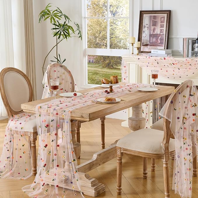 BINBE 1pcs Pink Daisy Spring Table Runner Embroidery Gauze 10FT Florals Seasonal Tulle Holiday Birthday Kitchen Dining Table Decor for Home Party