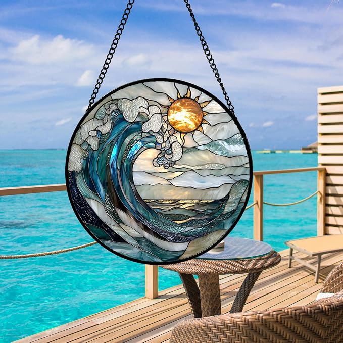 DASTOLL Stained Glass Window Hanging, Blue and White Waves Suncatcher Diamond Glass Panel Landscape Sun Catchers Decor for Birthday for Women, Men, Wife, Aunt, and Mom 11.8x11.8 in