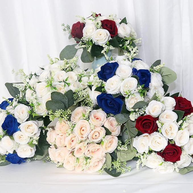 Set of 4 Bridesmaid Bouquets for Wedding - 7 Inch Artificial Wedding Flower Bouquet for Party Ceremony Anniversary Dinning Table Centerpieces Decor - Burgundy & White