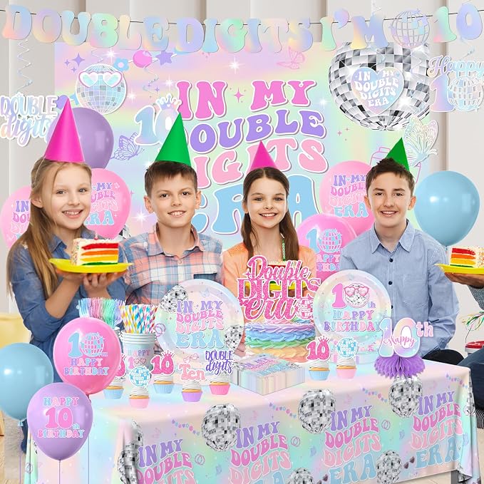 10th Birthday Decorations for Girl,198pcs In My Double Digits Era Party Decor 10 Year Old Birthday Decorations Plates and Napkins Cups Tablecloth Banner Honeycomb for Double Digits Era Party Supplies