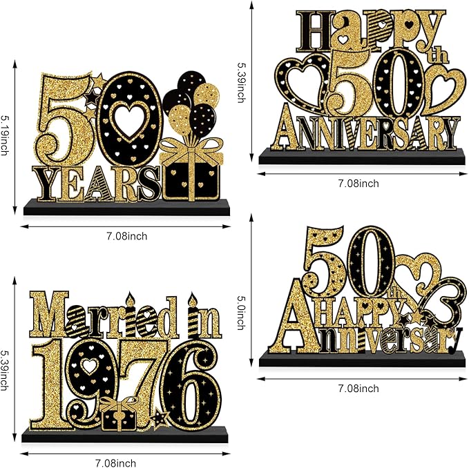 Eiurteao 4 Pieces 50th Anniversary Decorations Married in 1976 Table Sign, Black Gold Happy 50 Wedding Anniversary Table Centerpieces Party Supplies, Cheers to 50 Year Anniversary Table Decor