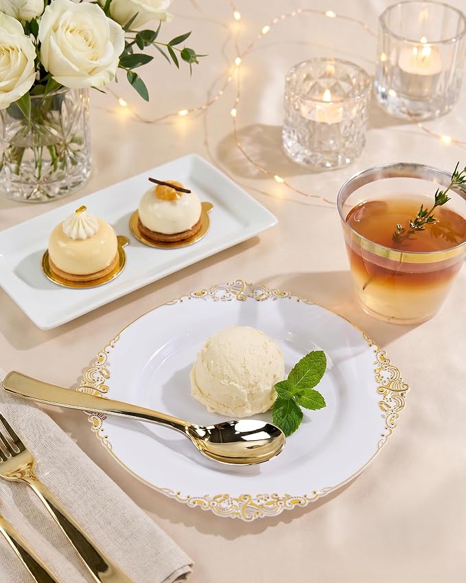 Nervure 600PCS Gold Plastic Dinnerware Set- White and Gold Disposable Plates for 100 Guests - 200 Disposable Plates, 300 Plastic Silverware, 100 Cups Perfect for Wedding & Party