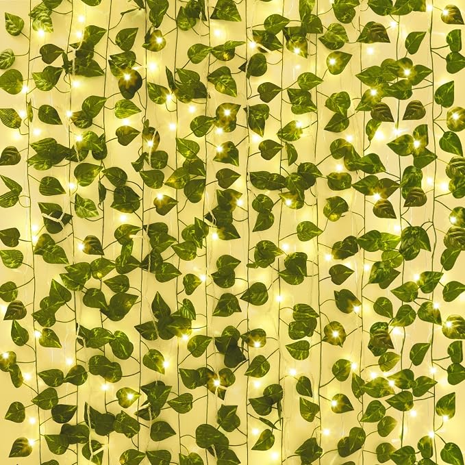 CEWOR 24 Pack 173ft Fake Ivy Vines, Artificial Ivy Garland with 200 LED String Lights, Hanging Plants Greenery Backdrop Green Leaves for Bedroom Room Wall Decor Wedding Party Table Decoration