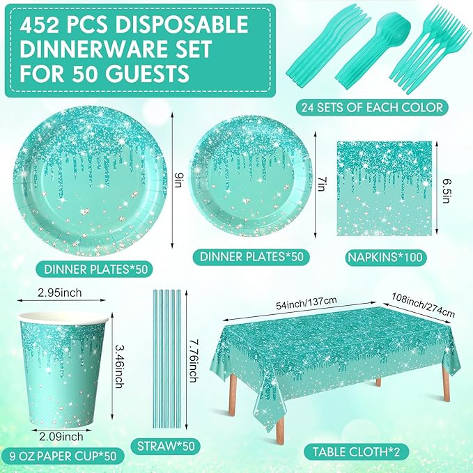 Funnymoom 452 Pcs Teal and Silver Birthday Party Decoration, Glitter Teal Paper Plates and Napkins Cups Tablecloth Cutlery Straws Turquoise Disposable Tableware Set for Women Birthday Supplies