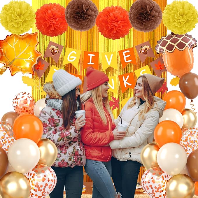 Fall Thanksgiving Party Decorations Set, Includes Give Thanks Banner,Fringe Curtain,Paper Flowers,Autumn Maple Leaves Garland and Foil Balloon for Indoor Home Party Office Classroom Fall Decor