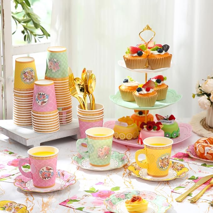 Layhit 83 Pcs Disposable Tea Party Set with 3 Tier Cake Stand Vintage Floral Paper Cups Plates Napkins Cutlery for Women Girls Birthday Baby Shower Bridal Shower Tea(Vivid)