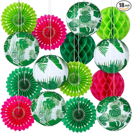 Retisee 18 Pcs Summer Tropical Party Decoration Palm Leaf Hanging Paper Lantern Rose Red and Green Honeycomb Fans Honeycomb Ball for Hawaii Theme Luau Party Ceiling Decor Supplies